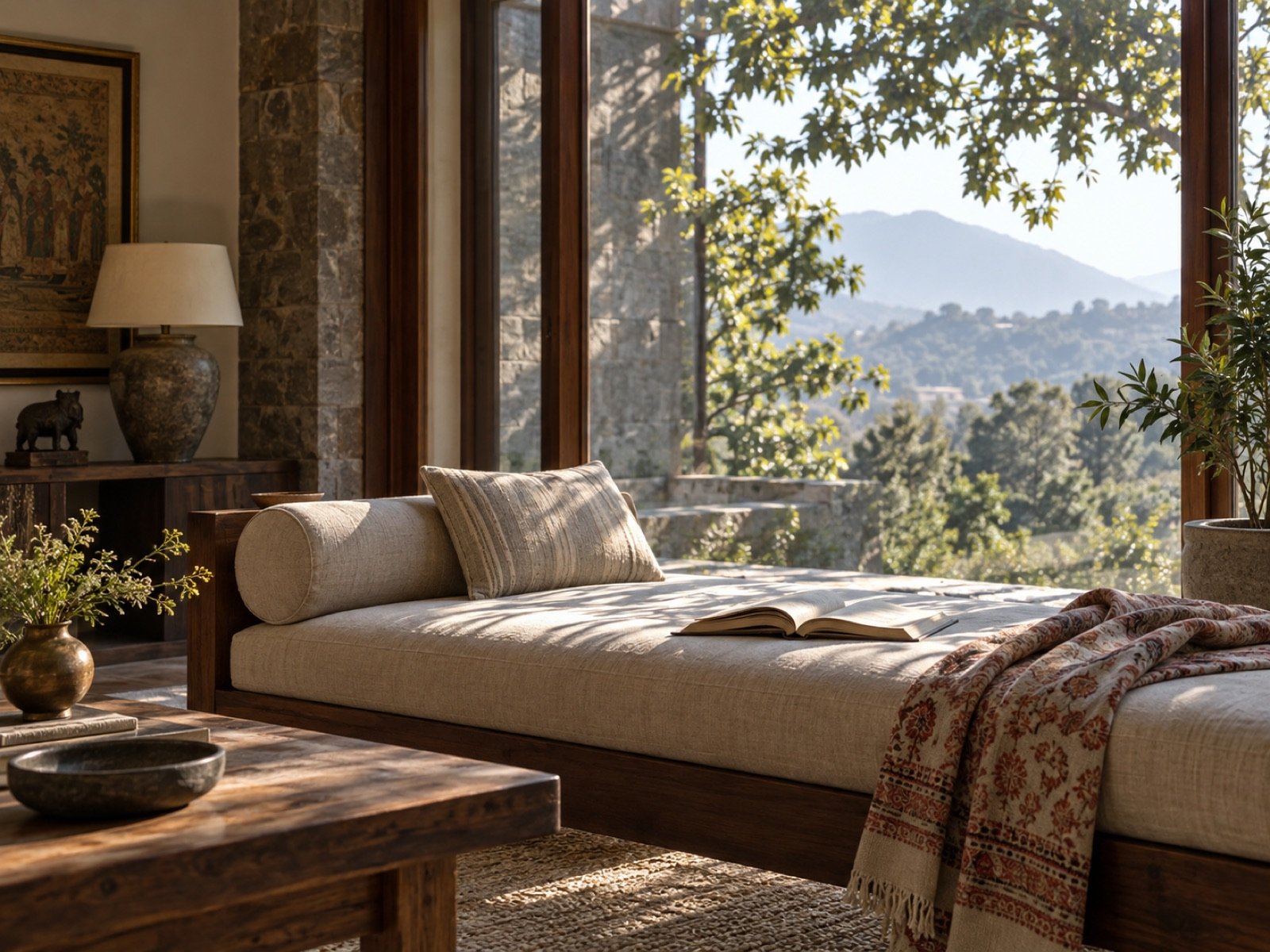 An open book on a linen daybed in afternoon light