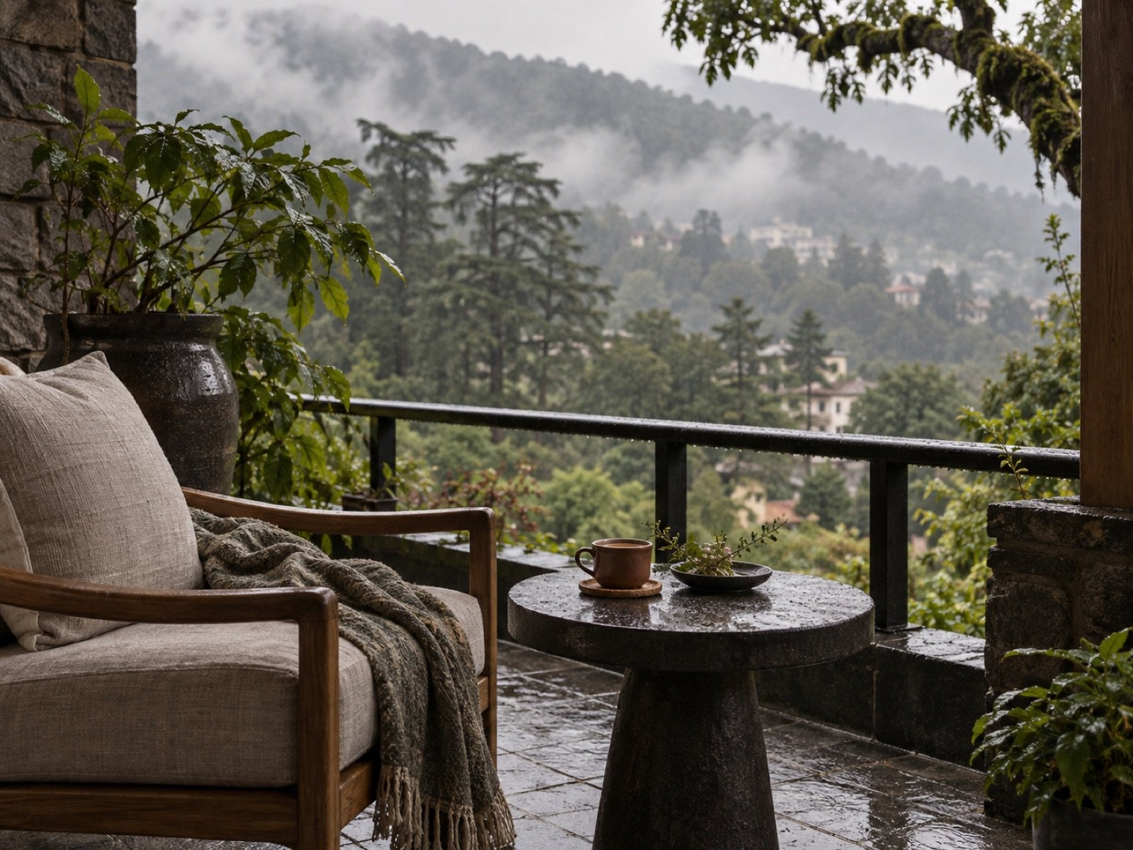 Sheltered balcony looking across rain and trees