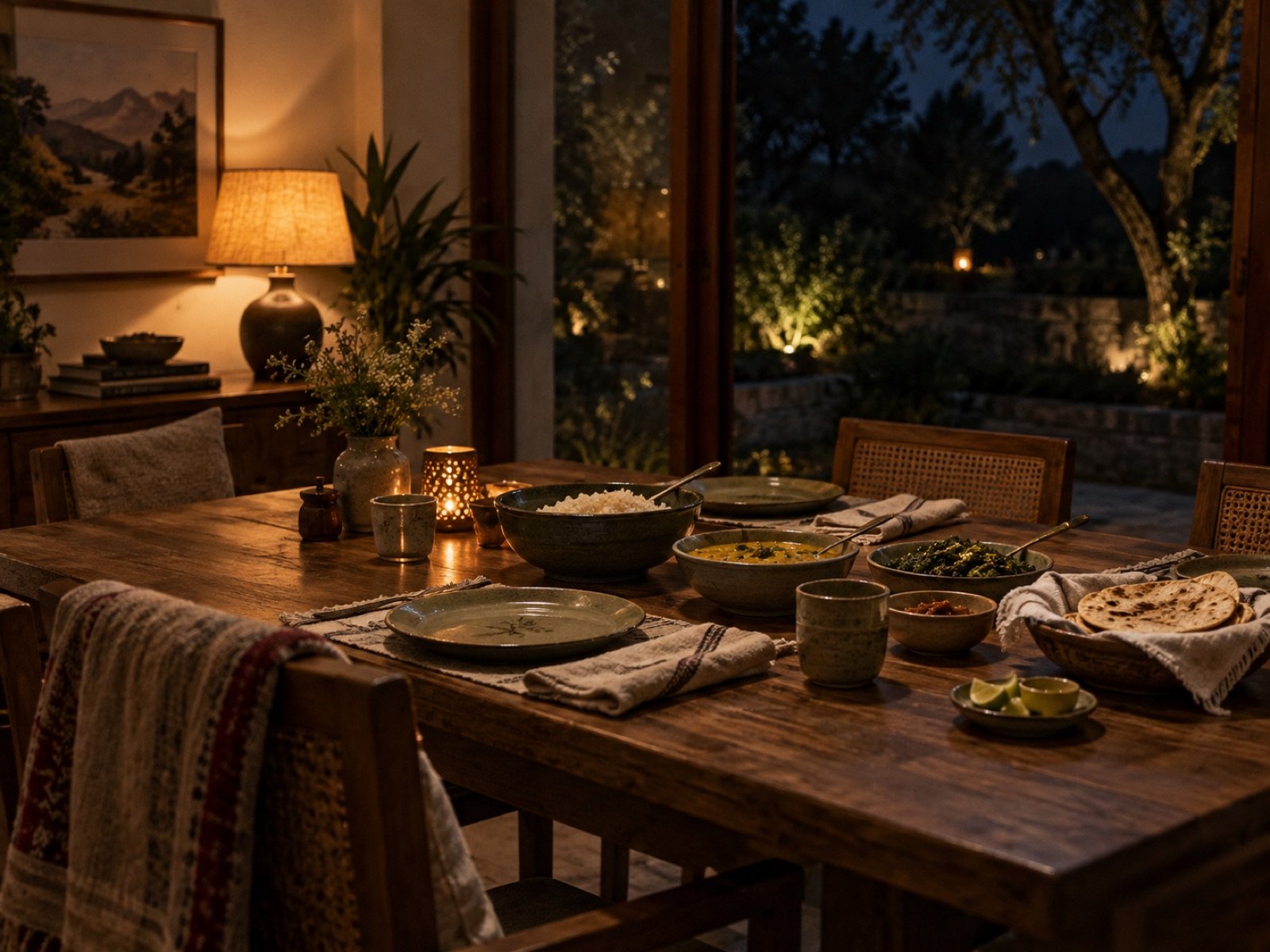 A warm dinner table looking into the garden at dusk