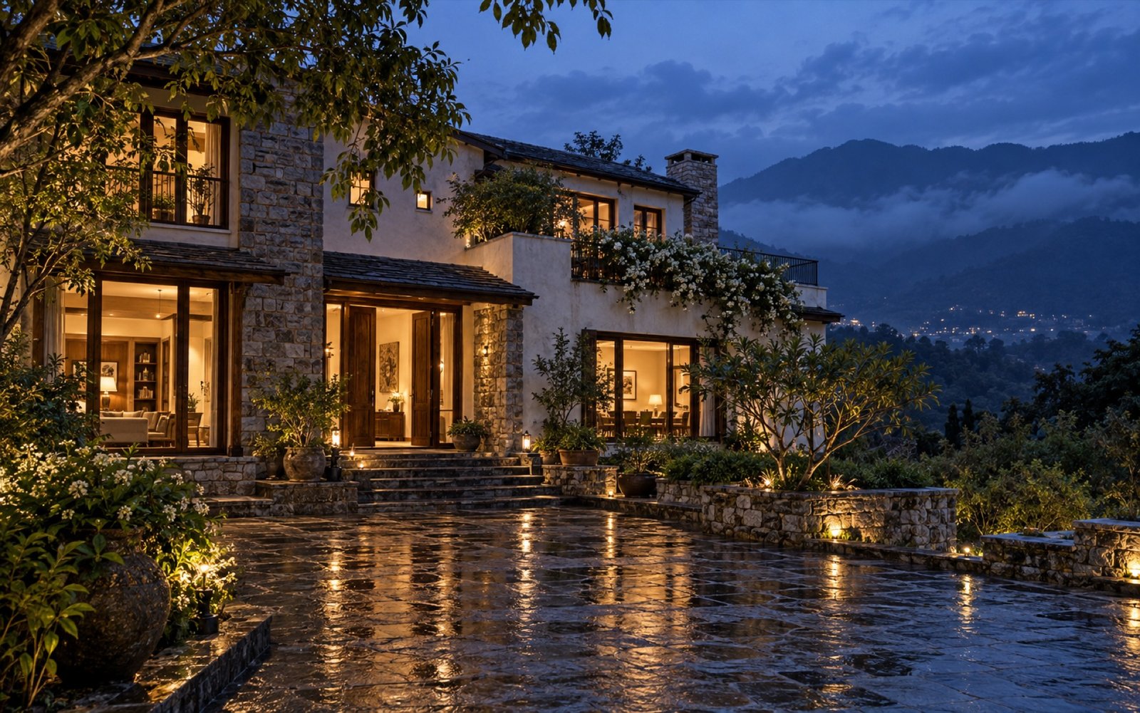 A private Dehradun home glowing at blue hour