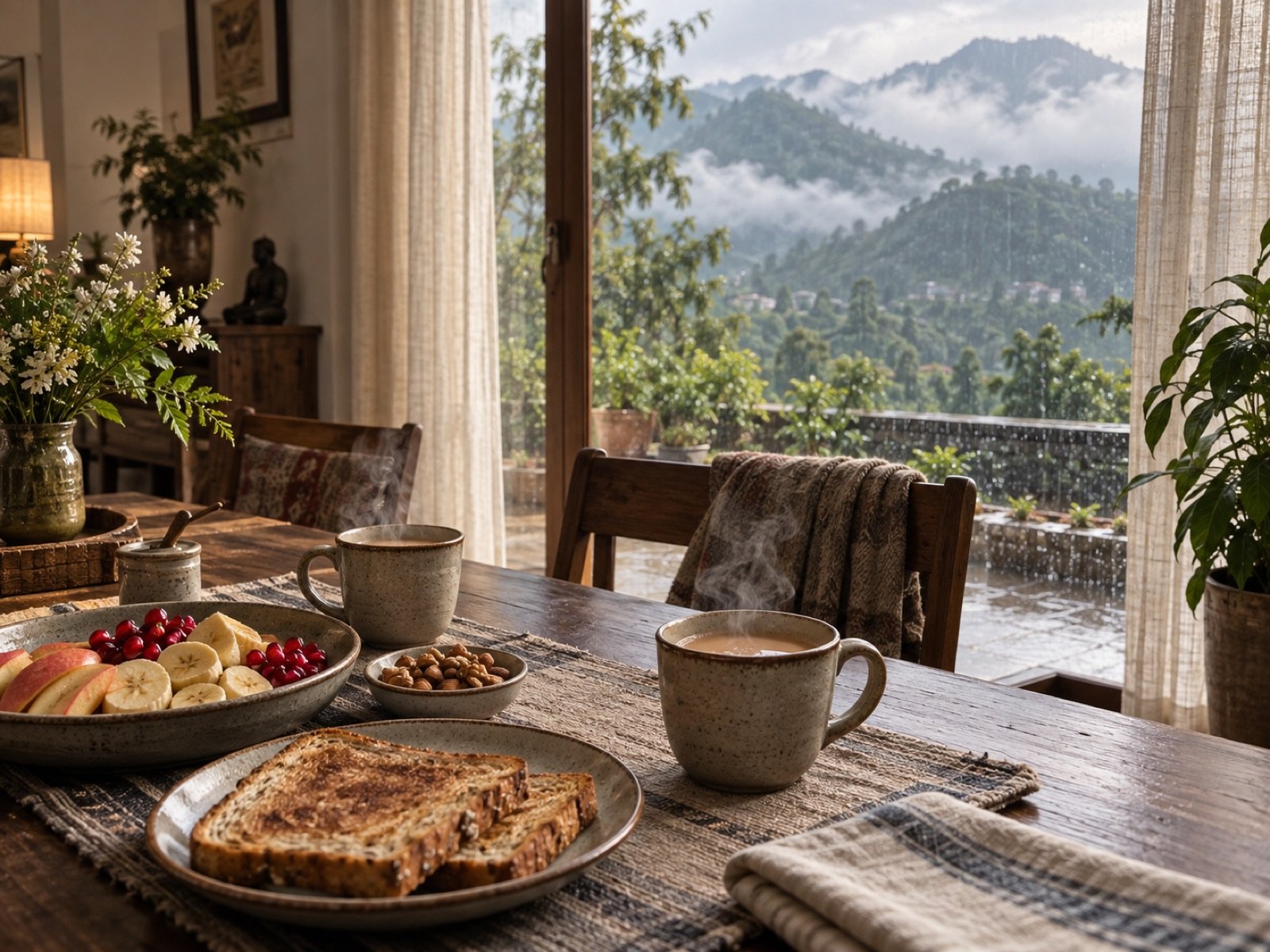 Breakfast and tea beside a rain-softened mountain view