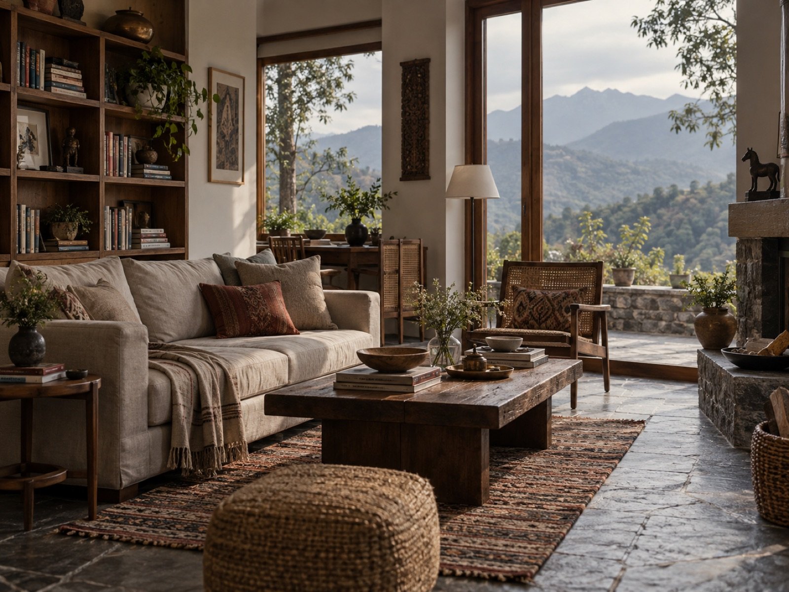 Warm living room with books, linen and mountain views
